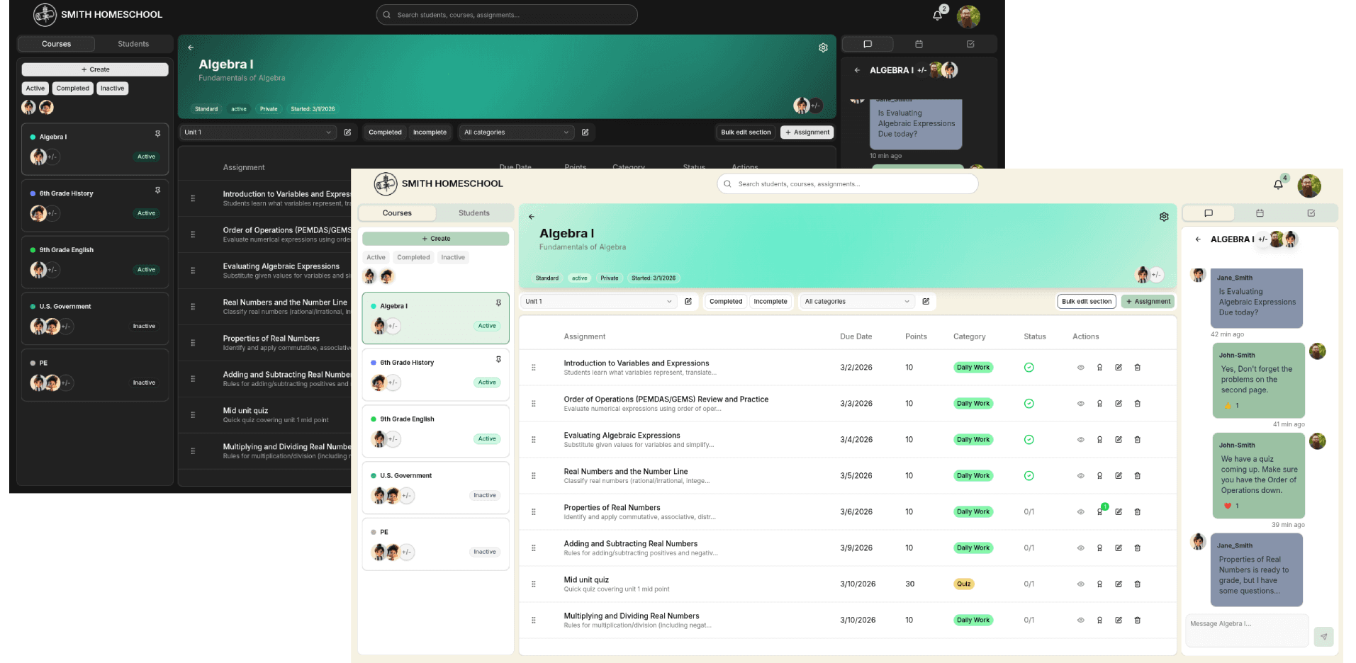 Graidle gradebook dashboard in light and dark mode showing courses, assignments, and messages